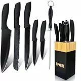 BFYLIN Messer set, 7 Teiliges Küchenmesser set mit Holzblock, Messer block set mit Antihaftbeschichtung,Kochmesser Brotmesser Schälmesser Anspitzer