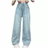 XINYUNZU Mädchen Baggy Jeans Weites Bein Jeanshose mit Gummizug Wide Leg Outdoorhose Dünn Breite Hose High Waist Freizeithose Pants Girls Frühling Sommer Mode Hosen für Kinder Blau 11 Jahre