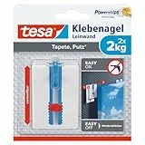 tesa Klebenagel Tapeten & Putz - höhenverstellbar - selbstklebender Nagel - ideal für Leinwand & Keilrahmen - Halteleistung 2kg/Nagel - spurlos ablösbar