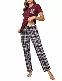 Crewhpo Damen Schlafanzug Karierte Kurzarm Pyjama Baumwolle Zweiteiliger Schlafanzüge Set Nachtwäsche V-Ausschnitt Nachthemd mit Lang Pyjamahose Hausanzug Sleepwear