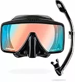 Cressi SF1 Quadratische Tauchmaske & Dry-Schnorchel - Geringes Innenvolumen - Dry-Schnorchel-Set mit Anti-Splash - Schnorchelmaske für Erwachsene - Schwarz/380 UV Blau Orange Glas