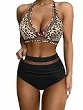 RXRXCOCO Damen Mesh Neckholder Rückenfrei Bauchweg High Waist Bikini Set Push Up Sexy V Ausschnitt Zweiteiliger Badeanzüge Bademode Leopard Size XL