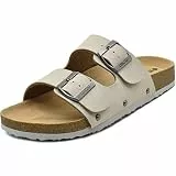 ONCAI Sandalen Damen Kork-Fußbett Pantoletten Damen Flach Rutschfest Sommer Badelatschen Mit Verstellbarer Rieme Elfenbein Weiß Größe 40 EU