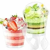 Huanmin 50 Stück Dessertschalen Einweg 180ml Mit Deckel und Löffeln - Klare Plastik Dessertgläser Set, Wiederverwendbar, Rund für DIY Desserts, Mousse, Eis