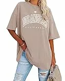 Ebifin Oversize T Shirt Damen Vintage Kurzärmeliges Rundhals Los Angeles Oberteile Tops Casual Lockere Basic Sommer Tee Shirts Bluse.Khaki.M