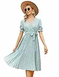 KOJOOIN Damen Sommerkleid V Ausschnitt Tunika Midikleid Plissiert Wickelkleid Kurzärm Casual Kleid A-Linie Freizeitkleid mit Gürtel, Grüne Blume-1, M