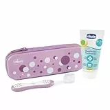 Chicco Baby Zahnbürste und Zahnpasta Set, mit praktischem Case, Set enthält Apfel-Bananen-Zahnpasta und Zahnbürste, für erste Milchzähne, Reiseset, 6-36 Monate, lila