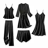SAPJON Seiden-Pyjama für Damen, 5-teilig, Nachtwäsche, Loungewear, Satin, Robe, Cami-Shorts, Pyjama-Set, Schwarz, S
