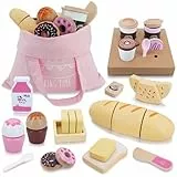 SIMPLIPLAY Holz-Bäckerei-Spielset Lebensmittelspielzeug, 23-teiliges Holz-Rollenspiel-Lebensmittel-Set für Kinder, Spielküchenzubehör mit Schneidespielzeug und Einkaufstasche als Geschenk für Kinder