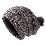 TOP-EX Strickmütze Damen 100% Wolle mit Satinfutter und Fellbommel - Winddicht & kuschelig für Ski & Wintersport - Grau