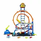 Hot Wheels Spielzeugauto Trackset, mit Die-Cast-Auto und Hubschrauber, 3 Spielebenen, 2 Loopings, Platz für 37 Fahrzeuge im Maßstab 1:64, schnelle Steckadapter, JLC05