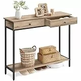 VASAGLE Konsolentisch, Flurtisch, Beistelltisch, Sofatisch mit 2 Schubladen, Stahlgestell, Flur, Wohnzimmer, Industrie-Design, Kamelbraun-tintenschwarz LNT015W01
