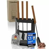Heimfleiss® Kaminbesteck Schwarz Modern | Premium Ofenbesteck Kaminbesteck Set | Kaminzubehör mit Holzgriffen | Kaminset aus Schürhaken, Kehrset, Holzzange | Kaminofen Besteck | Kamingarnitur für Ofen