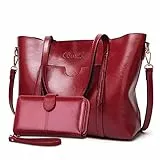 BestoU Damen Handtasche Leder Groß Tasche Shopper Schultertasche Umhängetasche Henkeltasche Damen 2pcs Set (Weinrot)