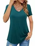Beluring Longshirt Damen Kurzarm Oberteile V-Ausschnitt Basic Tunika Oberteile Pfauenblau XL