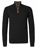 Atforna Herren Stehkragen Pullover Strickpullover Winter Half Zip Pullover Troyer Herren Langarm mit Reißverschluss Zopfmuster Rippen Bündchen, Schwarz, L