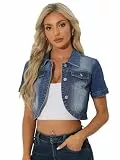 Allegra K Damen Jeansjacke Kurzarm Leichte Übergangsjacke Revers Bauchfreie Denim Jacke Mittelblau XL