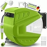 tillvex Schlauchtrommel Wasser mit Wandhalterung + Tragegriff | Schlauchaufroller mit Handbrause und Gartenschlauch | 180° Schwenkbar | Wand-Schlauchbox mit Aufroll-Automatik (Grün, 15m)