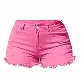 Kurze Jeans Shorts Damen Sommer Jeansshorts Jeans-Shorts mit Fransen Denim Shorts mittlere Taille Normal Geschnitten Freizeithose Kurz mit Taschen Einfarbig Casual Kruz Hose Outdoor-Shorts