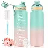 MOMSIV Trinkflasche, Sport Trinkflasche, 1L BPA-Frei Auslaufsicher Sport Wasserflasche mit Zeitmarkierung und Bürste, Sportflasche für Fitness, Schule, Fahrrad, Camping, Yoga (Grün)