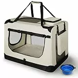 Juskys Hundetransportbox Lassie M faltbar & tragbar 42x60x44 cm mit Decke, Tasche & Griffen - Faltbare Transportbox für Hunde, Katzen & Haustiere - Oxford Stoff Hundebox Auto Hundetasche - Beige