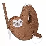 Relaxdays Pinata Set, 3tlg., Faultier-Form, zum Aufhängen, Kinder, Mädchen & Jungs, mit Stab & Maske, unbefüllt, braun