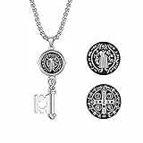 JewelryWe Schmuck Retro Herren Halskette Edelstahl Saint St. Benedikt Exorzismus Schlüssel Anhänger 22 Zoll Kette mit kostenlos Gravur, Silber
