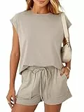 REORIA Damen Rundhalsausschnitt Jogginganzug Kurzarm Zweiteiler Trainingsanzug Hausanzug Sport Set Elegantes Outfit Lounge Set Khaki L