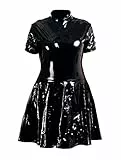 Rubberfashion Sexy Kleid Lack Damen - Skater Outfit - Frauen Minikleid Kurzarm - Slip mit Reissverschluss - Maid Dress Woman Lack schwarz L