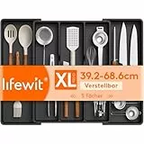 Lifewit Besteckkasten für Schubladen, Großer Utensilienständer Erweiterbar auf 69 cm, verstellbarer Kunststoff Organizer Küche Tiefe 47 cm, Besteckeinsatz für Messer/Gabel, Schwarz