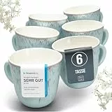 Steingut Kaffeetassen 6 Personen Ibiza TESTSIEGER, Traumhaftes Mediterranes Steingut Tassen Set, Stylisches Tee- und Kaffeebecher Set, Pure Living in Blau-Beige