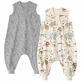 Unnivoll Baby Schlafsack mit Füßen 0,5 Tog Schlafsack Baby Sommer 2er Pack Baumwolle Schlafsack mit Beinen Babyschlafsack Weich 90 cm für Jungen Mädchen Beige Grau Elefanten