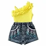 XINYUNZU Bekleidungssets für Mädchen Sommer Outfit Top Ärmellos + Jeanshose Kurz 2-Teiliges Set Mode Freizeitanzug Oberteil und Jeans Shorts Set Zweiteiler Mädchenbekleidung Kinder Gelb 8-9 Jahre