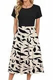 MOLERANI Sommerkleid Damen Elegant Kleider Rundhals Midi Kleid Loose Swing Freizeitkleid mit knielangen Taschen Aprikose Schwarz Blatt XL