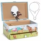 Jewelkeeper Spieluhr & Mädchenschmuck-Set mit Pferde-Design, Ideale Pferdegeschenke für junge Damen, 3-teiliges Set, Schmuckkästchen, Geburtstagsgeschenk, musikalische Schmuckschatulle