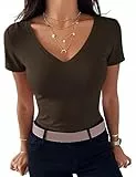 Totatuit Damen T-Shirt Sommer Kurzarm Tops Casual Basic Shirt Leichtes Oberteile Mit V-Ausschnitt Bluse Elegant Braun L