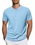 TARAINYA Henley Shirt Herren Baumwolle T-Shirt Kurzarm Sommer Männer mit Knopfleiste Hellblau XL