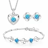 Josfeva Schmuck Set Damen Silber 925, Herz Halskette & Klee Armband & Klee Ohrstecker Set mit 5A Weiß Rosa Blau Lila Zirkonia, 45cm Liebe Halskette Damen Ohrringe Ohrstecker Silber Armkette (Blau)