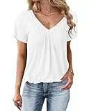 WNEEDU Tshirt Damen Sommer - Basic T-Shirt Damen V Ausschnitt Tops Kurzarm Oberteile Casual Lockere Bluse mit Plissiertes Frontmieder Weiß M