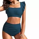 Kate Kasin Tummy Control Bikini Sets für Damen Quadratischer Ausschnitt Hohe Taille Badeanzüge Zweiteiliger Geraffter Badeanzug Verstellbare Träger Pfau-Blau XL