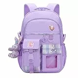 Myyunhx Rucksack für Mädchen Kawaii Grosse Kapazität Rucksack für Mädchenschule Süße Mädchenschule Tasche Mit Plüsch Cartoon Anhänger und dekorative Karte Für jugendliche Mädchen Schulranzen (Lila)