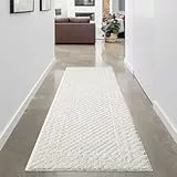 carpet city Teppich Wohnzimmer Hochflor Creme - Läufer 80x300 cm - Hochtief-Muster, 3D-Effekt Bordüre - Bettvorleger Schlafzimmer Teppiche Boho, Skandi
