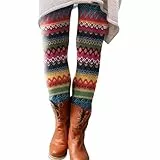 Leggings Damen Bunt Gemustert Baumwolle Thermoleggings Damen Winter Gefüttert Längere Beinlänge Strumpfhose Fair Isle Strickmuster Strickleggings Skinny Thermohose High Waist Tights Stretch Leggins