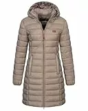 Geographical Norway Damen Winter Jacke Steppjacke Parka Lange Kapuzenjacke Steppmantel Outdoor abnehmbare Kapuze, Farbe:Beige, Größe:XL (42)