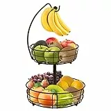 Bomclap Obst Etagere - 2 Etagen Obstkorb mit Bananenhalte - Abnehmbare Obstschale aus Metall - Küche Stehend Obstschalen - Dekorativer Obstkörbe für Obst Gemüse Brot Snacks - Bronze