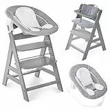 hauck Hochstuhl Alpha+ Newborn Set mit 2in1 Bouncer - Mitwachsender Holz Babyhochstuhl ab Geburt, inkl. Sitzauflage & Neugeborenenaufsatz - Grau