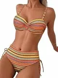 GORGLITTER Bikini Damen Sets Push Up Badeanzug Spaghetti Bikinitop Hohe Taille Bikinihose Retro Muster Badeanzug Set Bademode Swimwear Strandurlaub Orange L