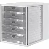HAN Schubladenbox SYSTEMBOX mit 5 geschlossenen Schubladen, Schreibtisch oder im Schrank, inkl. Auszugsperre + Beschriftungsclip, möbelschonende Gummifüße, 1450-63, lichtgrau/transluzent-klar