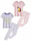 SOIBEEN Mädchen Pyjama Set Kurzarm T-Shirt mit Langen Hosen Loungewear Einhorn Rosa gestreifte lila gestreifte PJs für Kinder Nachtwäsche Pyjama Nachtwäsche 4-5 Jahre Höhe 110