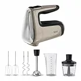 Tefal Powermix Silence 4-in-1 Handmixer, 2x Quirle/2x Knethaken/Stabmixer/Zerkleinerer, leiser Motor, rutschfester Soft-Touch-Griff, Geschwindigkeitsstufen mit Turbo-Funktion, Silber/Chrom, HT663AF0